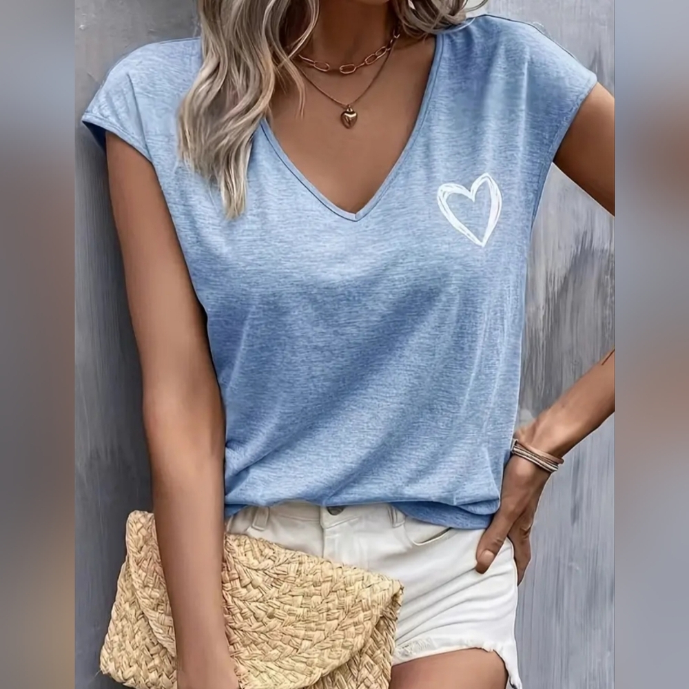 Heart Print V Neck T-shirt, Casual Cap Sleeve Top - Picture 3 of 5